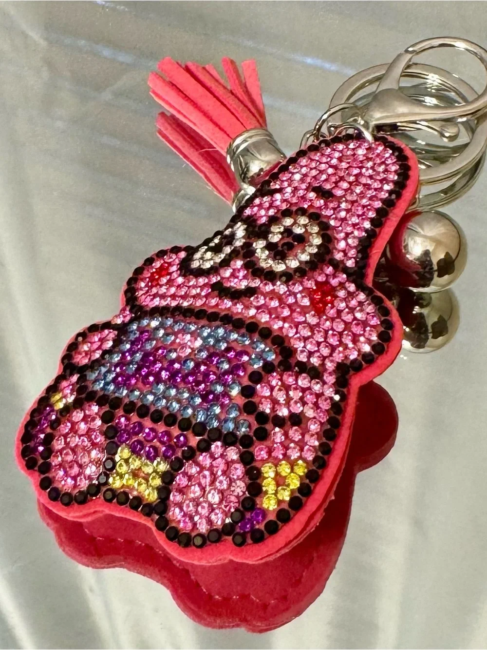 New Crystal-Embellished Pink Patrick Keychain  with Tassel